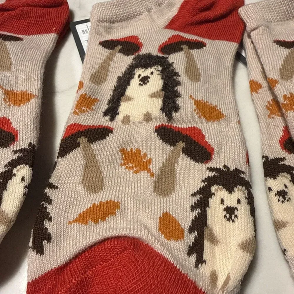 Hello Socks! Hedgehog Mushroom Low-Cut Socks One Size (4-10) 3 Pairs Women’s